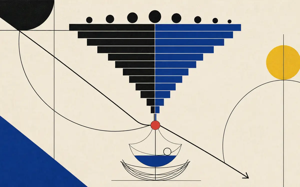 Abstrakte konstruktivistische Bauhaus-Illustration zum Geburtenknick mit invertierten Gitterterrassen in Kobaltblau, Tiefschwarz und Ziegelrot auf rauem Naturpapier