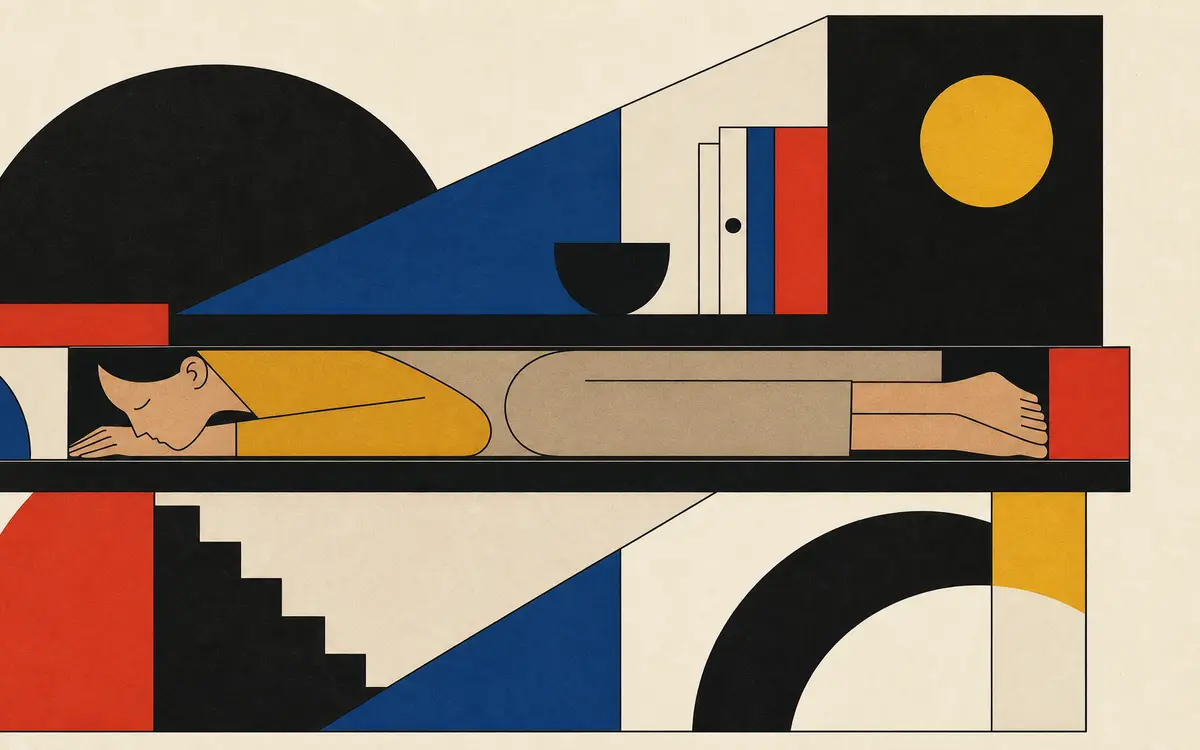 Bauhaus-Illustration: Drei gestapelte Blöcke drücken auf ein schmales Band, gedeckte warme Farben, ruhige Komposition