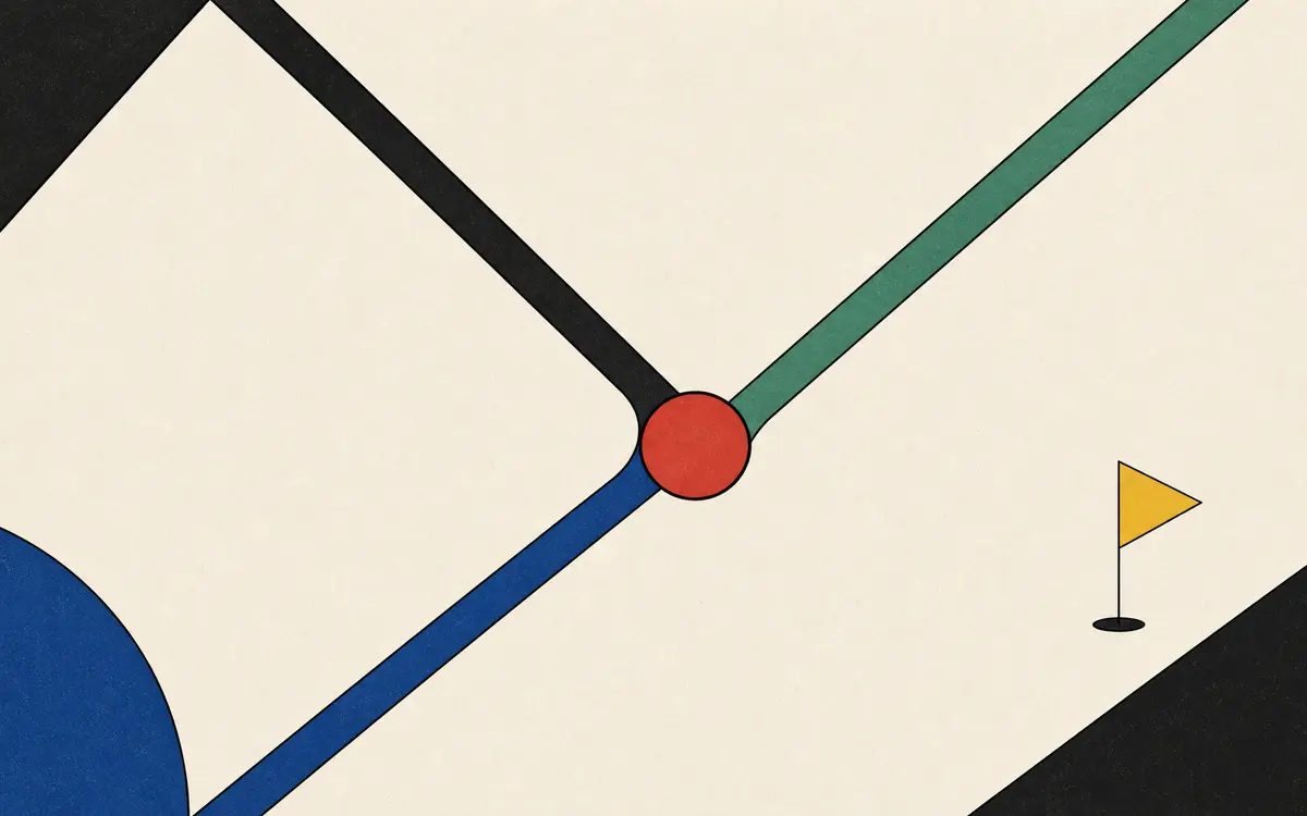 Bauhaus-Illustration: Drei Linien in Dunkel, Blau und Grün laufen auf einen roten Kreis zu, daneben eine kleine gelbe Markierungsfahne