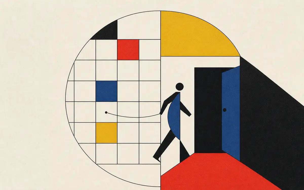 Bauhaus-Illustration: Ein geteilter Tagesblock, eine Hälfte Kalenderraster, die andere Hälfte ein Hauseingang, dazwischen eine geometrische Figur auf einem dünnen Verbindungsweg