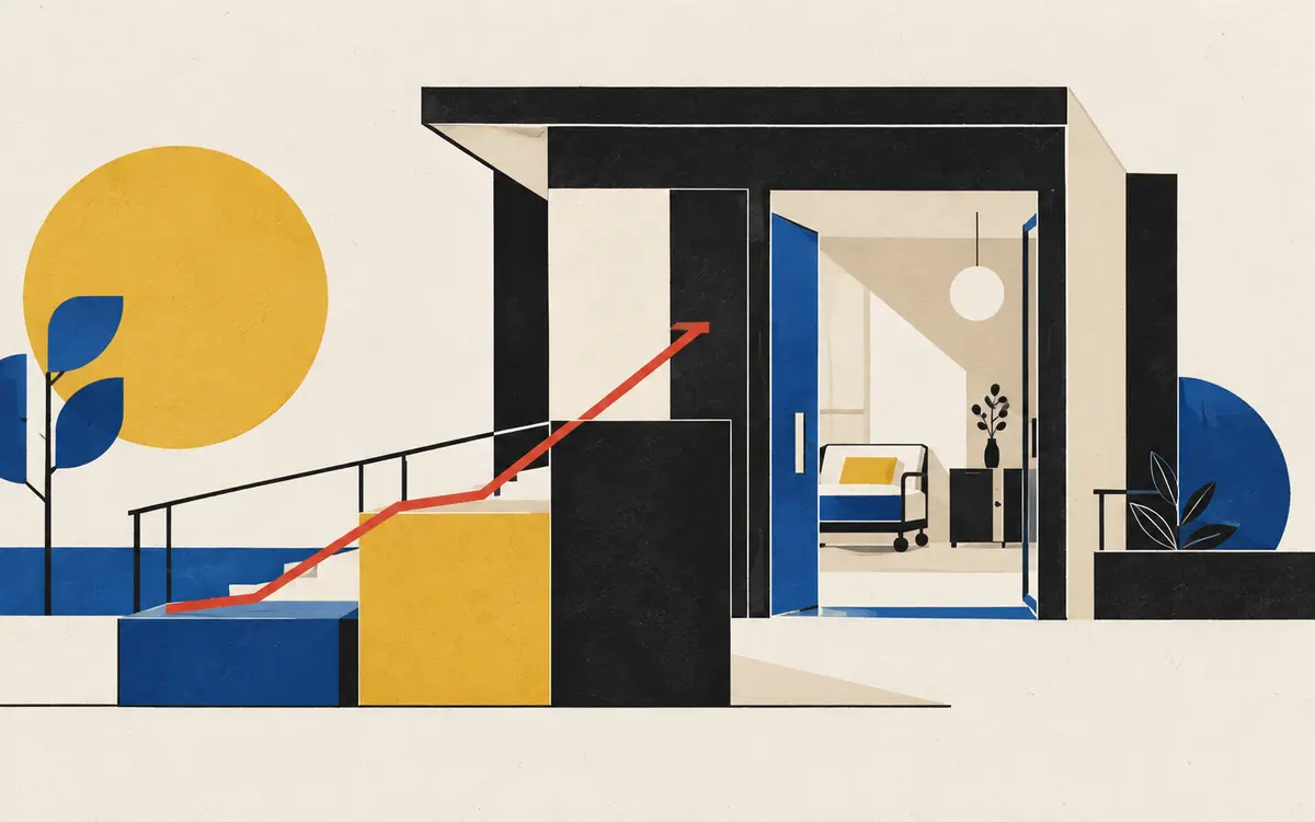 Geometrische Illustration eines Pflegeheim-Eingangs mit drei gestaffelten Kostenblöcken und einer roten Linie auf hellem Papiergrund