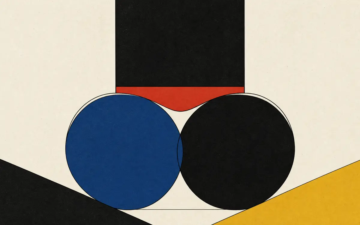 Bauhaus-Illustration: Zwei ineinandergreifende Kreise, auf die ein großer Balken drückt, mit rotem Akzent am Druckpunkt, auf warmem Papiergrund