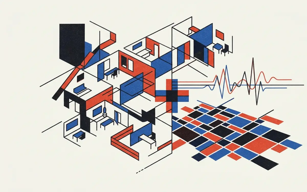 Konstruktivistische Bauhaus-Illustration zur ambulanten Grundversorgung und zum Hausärztemangel in Deutschland