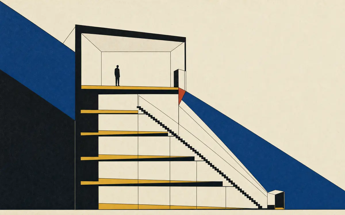 Konstruktive Bauhaus-Illustration eines Wohngebäudes im Schnitt mit großer Dachwohnung und steilem Abstieg zu einer komprimierten Einheit